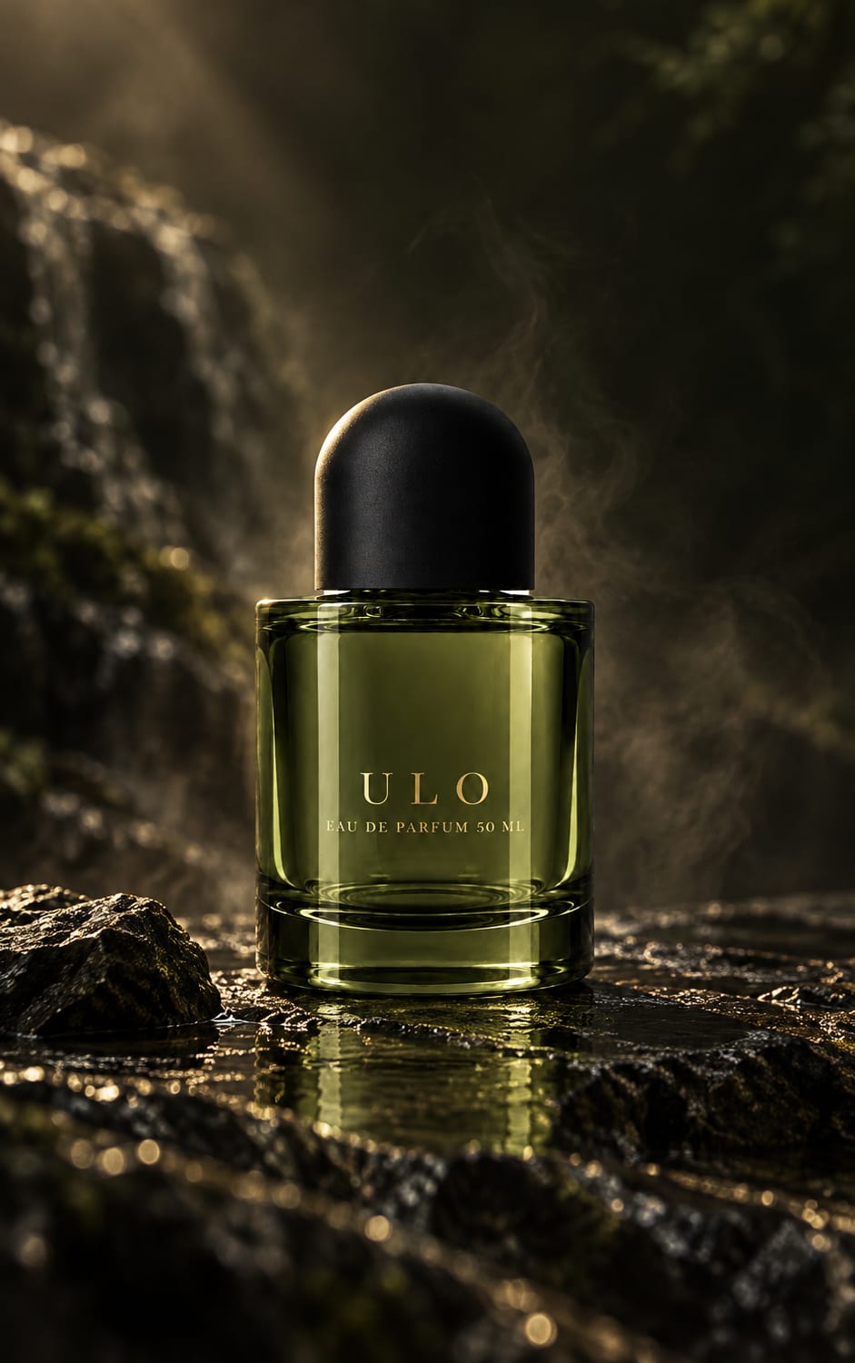Concept bottle for Ulo No. I: a cylinder of green glass with a rounded matte black cap, standing on wet stone in drifting smoke